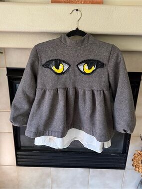 Feizhuma Harajuku Cat Eye Kids Peplum Top - Gray Mock Neck Layered Sweatshirt 3T